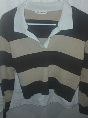 ACTIVE USA Women's Striped Polo Sweater in Beige and Black